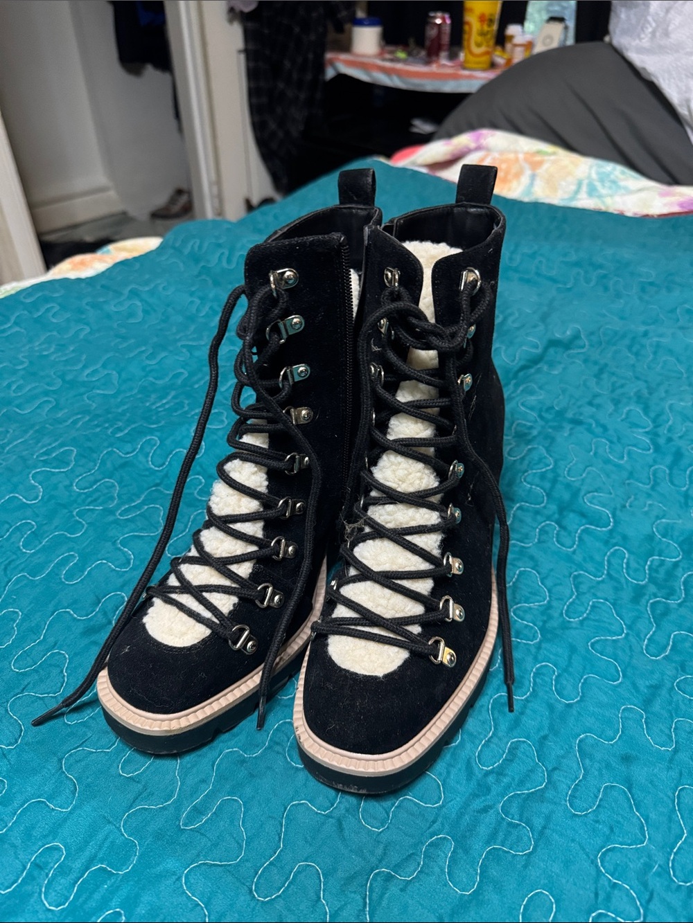 JustFab Black Lace-Up Shearling-Trim Boots